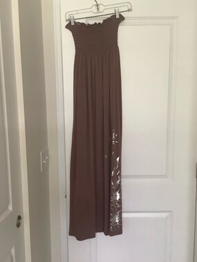 Smocked Strapless Maxi Dress in Brown with Floral Accent